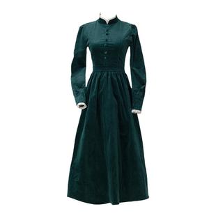 枕梦村庄 移动城堡 法式复古宫廷蕾丝花边立领灯芯绒中长款连衣裙