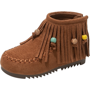 女童鞋子儿童二棉鞋2025新款秋冬季加绒靴子女孩冬鞋大棉勃肯流苏