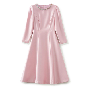 年会晚会礼服主持人轻奢粉色红色优雅钉钻宴会连衣裙法式A字裙女