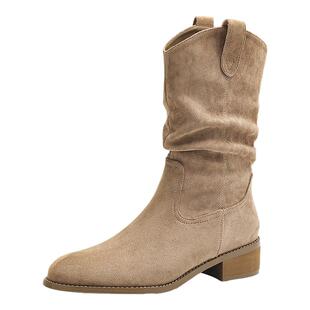 巨好看短靴女秋冬厚底粗跟小个子增高褶皱高级感显瘦中筒堆堆靴子