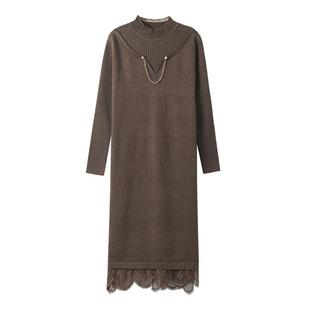 恒源祥妈妈针织连衣裙内搭中长款毛衣裙子宽松遮肚中老年秋冬女装