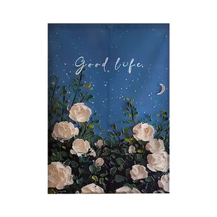 奶油画风门帘卧室厨房隔断帘布艺家用半帘免打孔布帘子额所遮挡帘