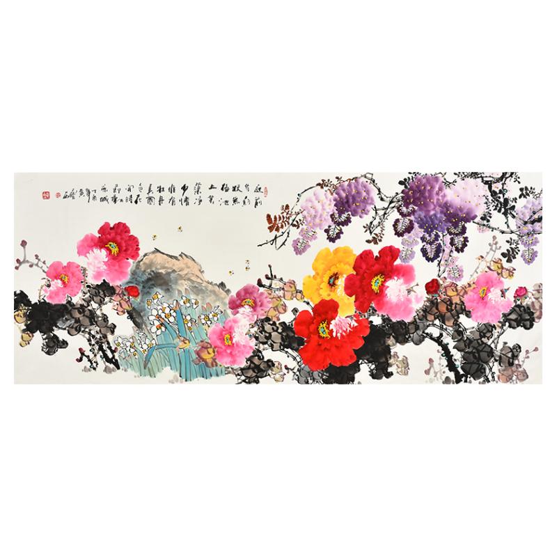 美协名家纯手绘牡丹紫藤国画真迹客厅餐厅挂画 花开富贵 紫气东来