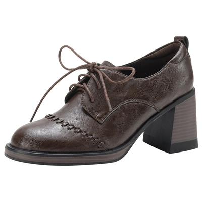 达芙妮复古粗跟乐福鞋雕花小皮鞋