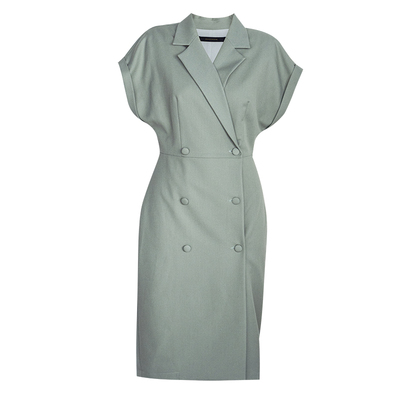 罗衣职场双排扣收腰系带连衣裙