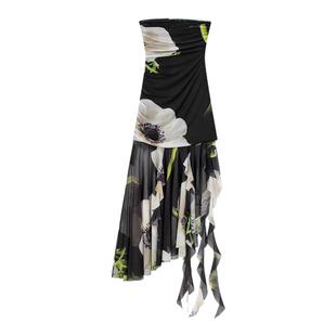 小菊川栗/花间竹影裙 深邃古典黑新中式不规则下摆抹胸连衣长裙