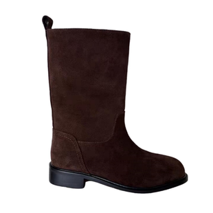 韩版真皮烟筒靴女款2025秋冬新款复古棕色麂皮短靴中筒骑士靴单靴