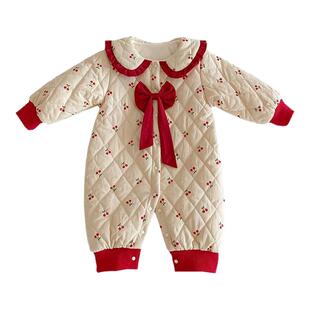 婴儿连体衣冬装女宝宝衣服公主洋气加绒夹棉百天外出哈衣冬季抱衣