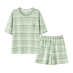 Huggy Kissy带胸垫睡衣女夏季短袖宽松条纹圆领防凸点家居服套装