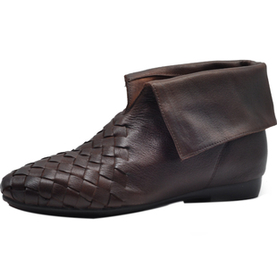 Artmu阿木手工真皮编织尖头短靴女2025新款两穿中筒靴平底靴子