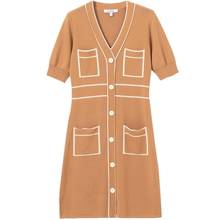 Re-BLUE轻奢优雅女装简约通勤二维效果粗线条撞色曲线针织连衣裙