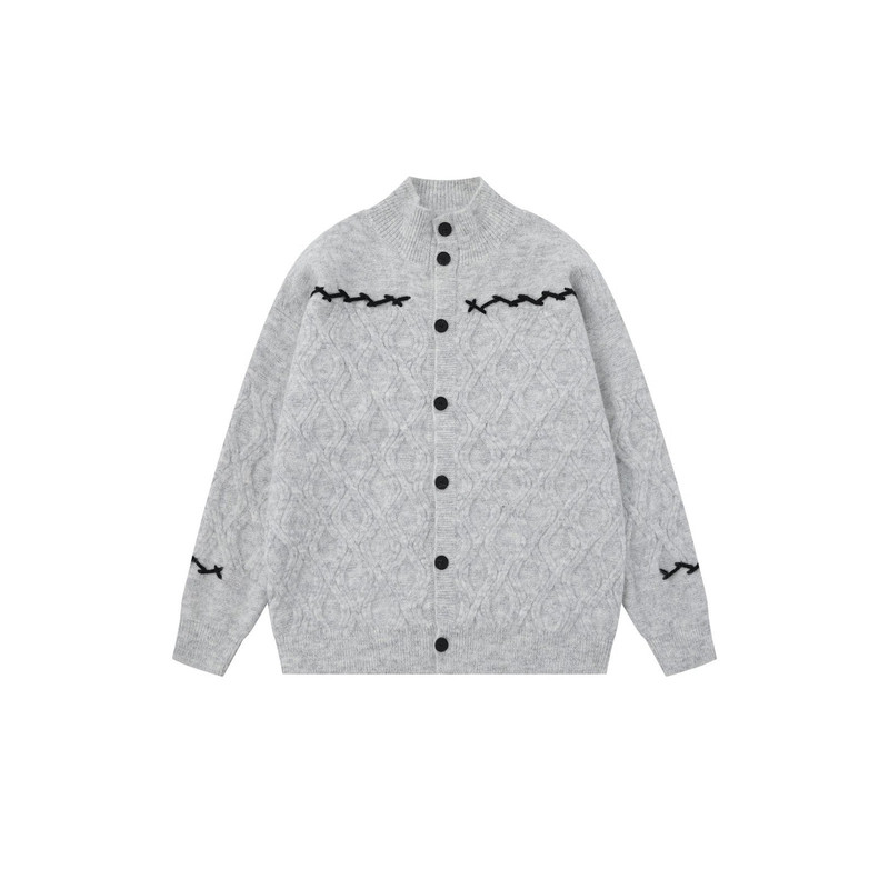 PLTH*复古绞花麻花针织开衫男女撞色手缝线立领毛衣宽松休闲外套