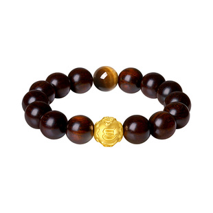 周大生足金虎眼石男士手串黄金黑曜石檀木手链转运珠新年礼物男生