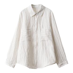 梭家｜豁然开朗｜简约通勤白底黑条色织亚麻长袖衬衫秋季女上衣