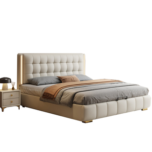 真皮床2米x2米2主卧双人大床法式华夫格床实木带储物卧室软包婚床