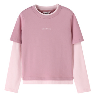 安奈儿童装女童圆领长袖T恤秋新款拼接时尚潮流假两件打底衫