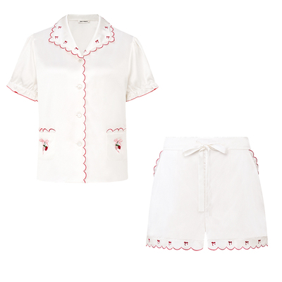 新款草莓真丝刺绣波浪边短套装夏