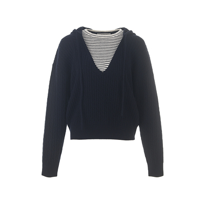 wanatry羊毛假两件连帽扭花毛衣