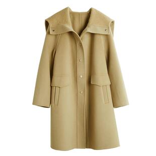 【100%绵羊毛】ELLE中长款毛呢外套女2025冬装新款连帽双面呢大衣