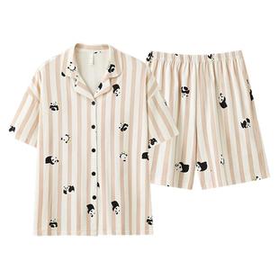 高端夏季情侣家居服睡衣套装薄款纯棉短袖短裤条纹男女【7a防螨】