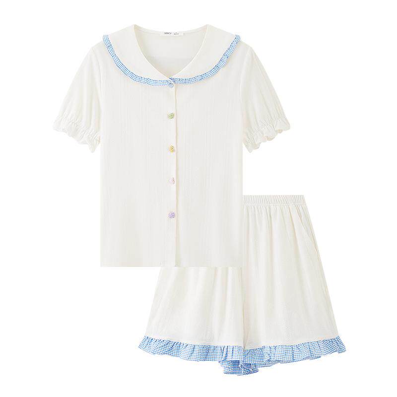 三福女夏季爱心扣针织混纺睡衣套装 甜美花边宽松家居服517834