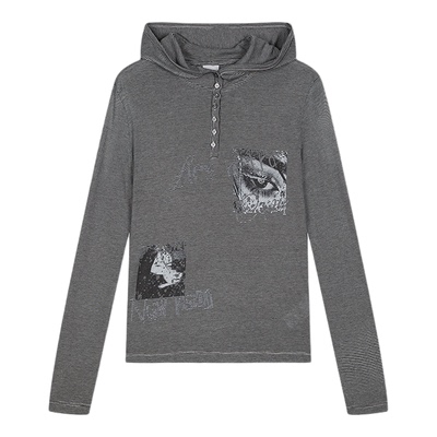 MOUSSY2026春季新品复古朋克风条纹印花连帽长袖T恤028JSA90-1014