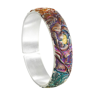 九乐足银999银手镯女高工錾刻浮雕紫霞仙子金银错彩色牡丹花手镯