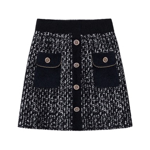 小香风黑白花纹针织半身裙女2026年春季高腰显瘦气质百搭A字短裙