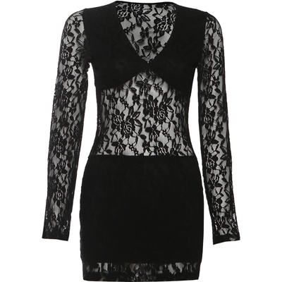 KLIOU 斩男又斩女黑色透视蕾丝长袖连衣裙女复古显瘦修身包臀短裙