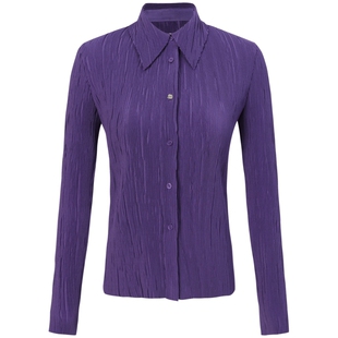 COMME MOI吕燕设计师早春女装多巴胺紫色收腰显瘦压褶长袖衬衫