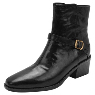 星期六2026秋季新款法式复古风皮带扣短靴女士粗跟方头短筒显瘦靴