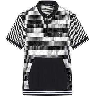 ZOUK黑白条纹针织短袖t恤男潮牌百搭立领半拉链男士体恤夏季凉感