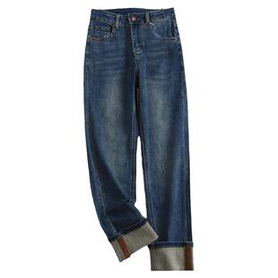 蓝色磨白显瘦遮跨高腰梨型身材显腿直直筒裤新款百搭女牛仔裤M294