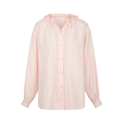 立体玫瑰花朵绑带v领长袖衬衫