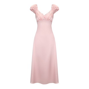 [甄选5折]NanaJacqueline抽褶蕾丝边连衣裙女泡泡袖珠光缎面长裙