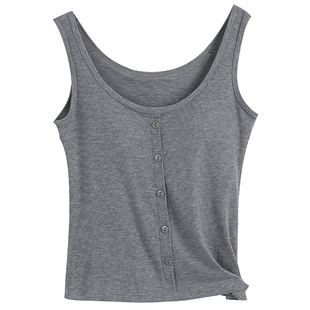 背心女夏内搭纽扣纯色螺纹大码小吊带工字打底无袖外穿带胸垫上衣