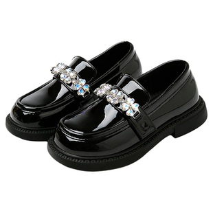 千百度童鞋女童公主鞋2025春秋季新款乐福软底一脚蹬黑色小皮鞋