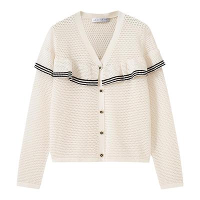 水云间V领毛针织开衫外套女秋季新款2025时尚通勤荷叶边长袖上衣