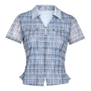 乔万尼商场同款2026夏新款格子短袖上衣翻领蓝色衬衫女EM2C748