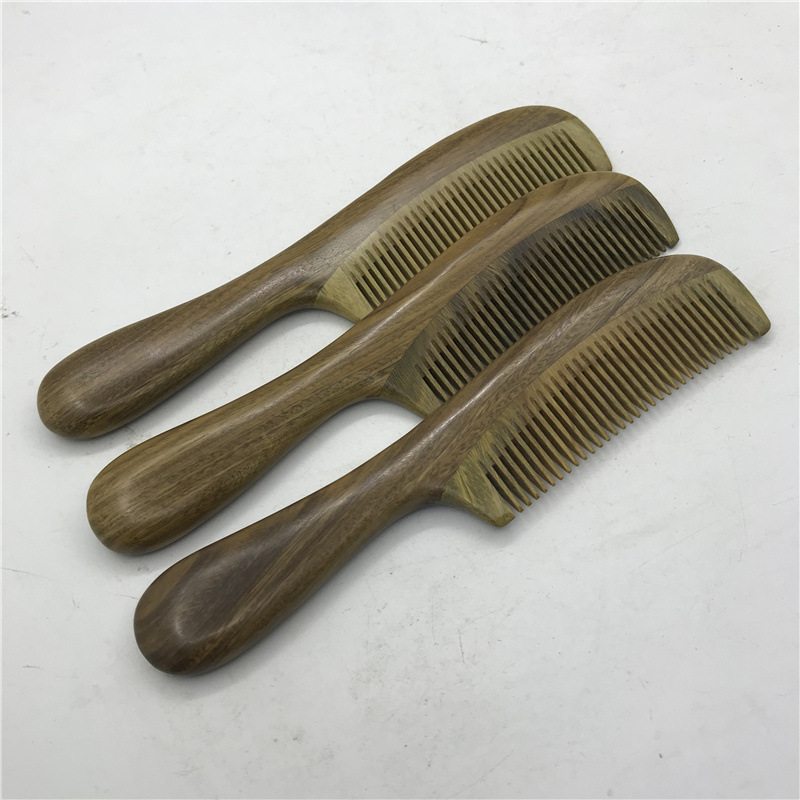 一等品17厘米绿檀拼密小梳子齿绿小鼓齿家用檀梳子圆木柄柄细拼接