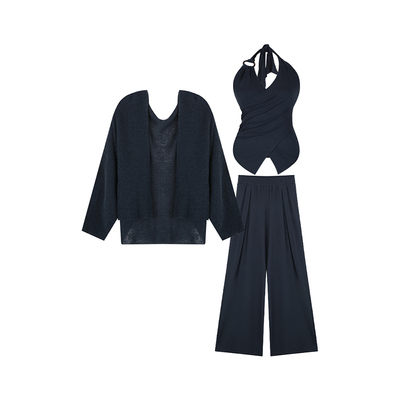 安妮不火 慵懒感不对称挂脖吊带踏春三件套微胖大码显瘦休闲套装