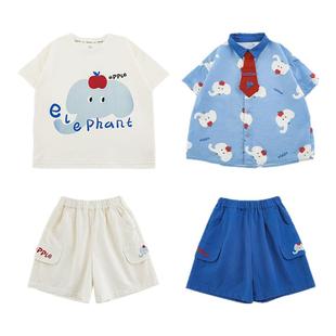 幼悠 男童夏季新款撞色翻领衬衫短袖T恤宽松短裤呆萌小象系列套装