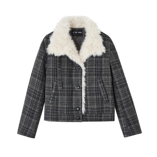 SOMESOWE 复古格纹毛领夹棉外套/打褶半裙