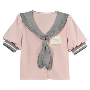 森女部落原创学院风水手服短袖灰粉色短袖衬衫上衣泡泡袖衬衣女夏