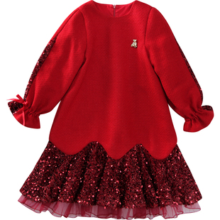 女童加绒连衣裙冬装2025新款洋气儿童亮片公主裙小女孩红色拜年服