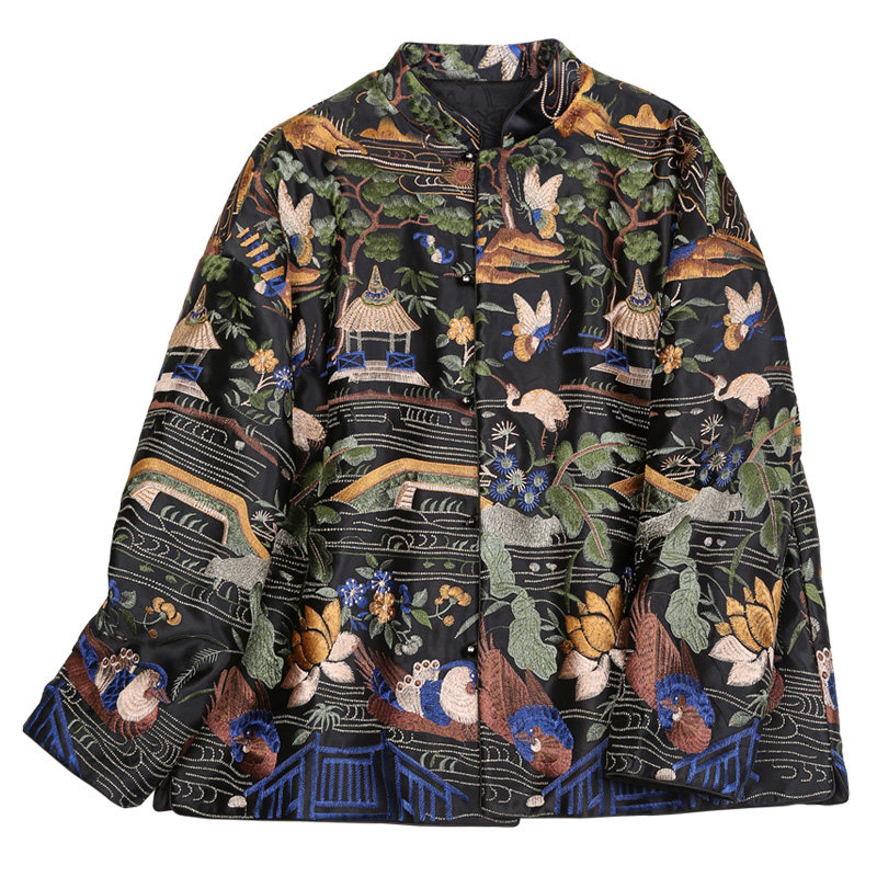 菲伊唐真丝羊毛缎刺绣花棉衣上衣