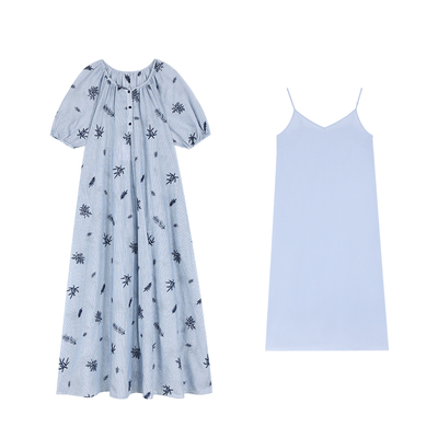 Maven Lin 精致立体刺绣蓝色细条纹短袖连衣裙女法式度假大A摆裙