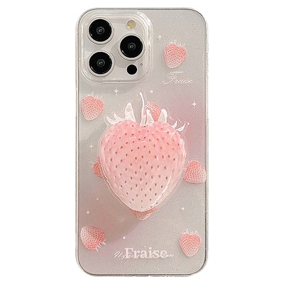 glitter cream strawberry bracket clear case适用iphone 11 12 13 14 15 16 plus 17 pro max