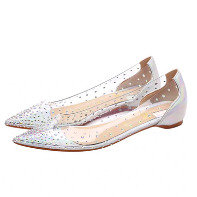 仙女风尖头水钻平底透明水晶鞋