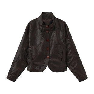 CUBIC深棕色短款宽松立领外套复古摩登休闲感中性风显瘦夹克皮衣